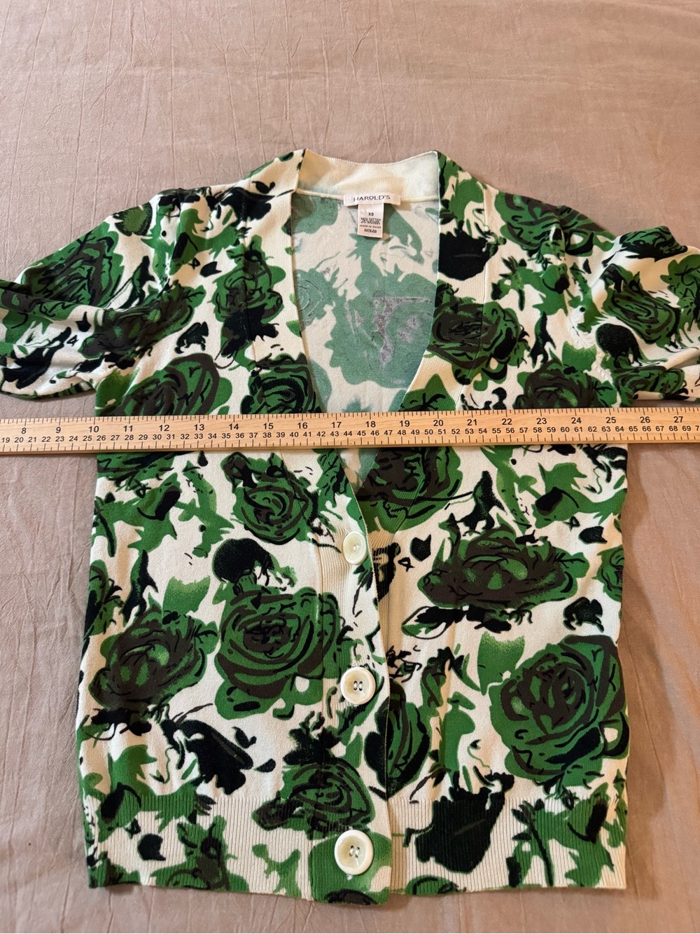 Harolds Green Rose Print 3 Button Cardigan Size XS Cotton Blend with Stretch - Picture 6 of 9
